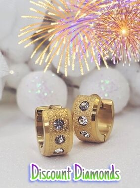 18K Gold Frosted White Diamond Hoop / Huggie Earrings on Stainless Steel